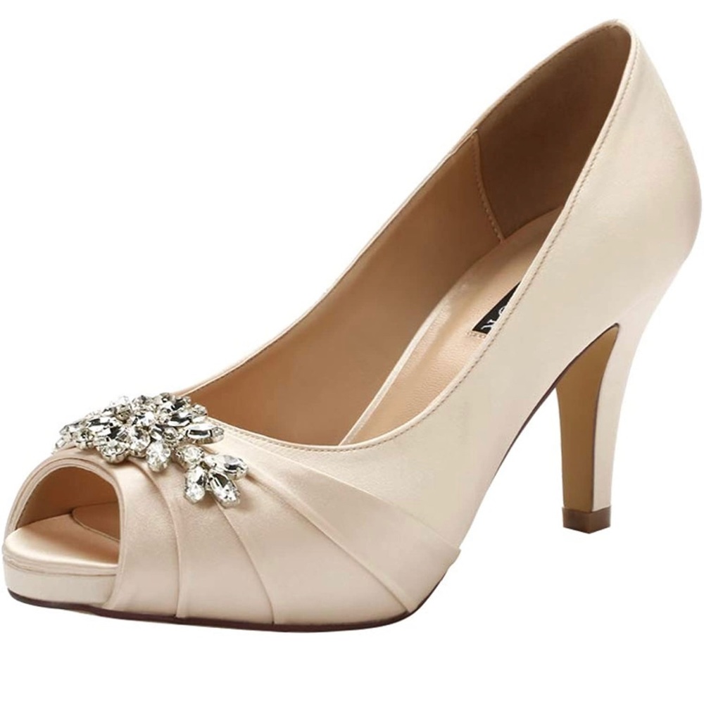 ERIJUNOR Satin Peep Toe Rhinestone Shoes